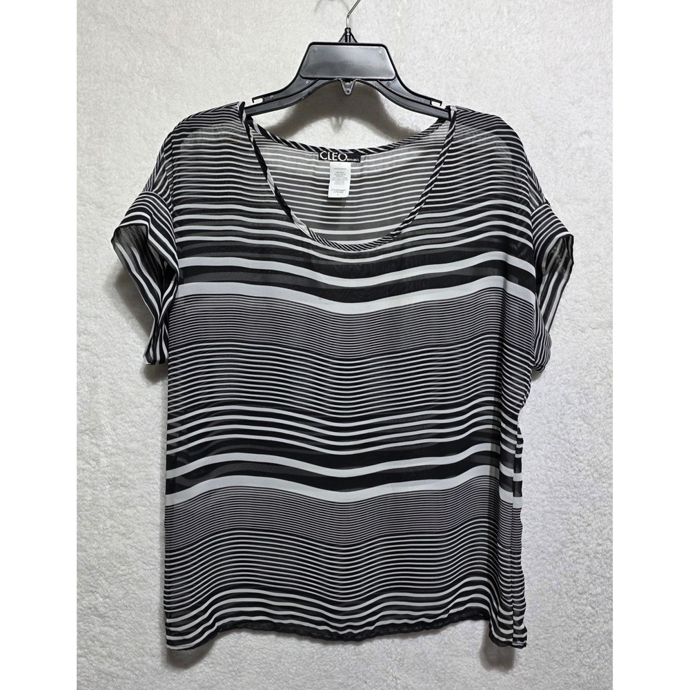 Cleo Apparel Black White Stripe Sheer Cap Sleeve Blouse Top Size Large